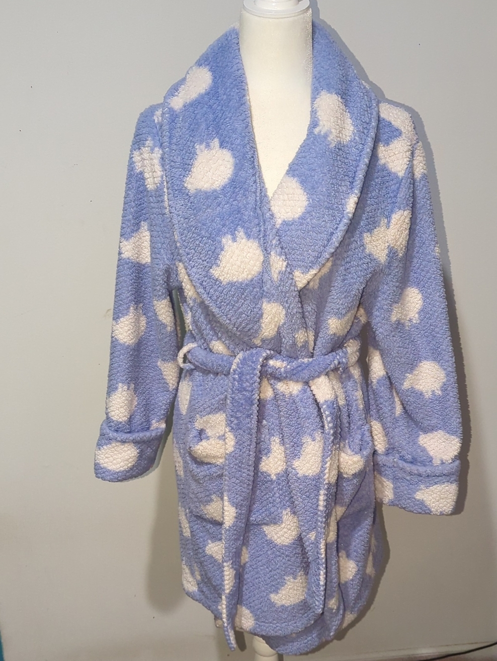Sonoma Plush Shawl-Collar Cardigan Robe in Light Blue w/ White Clouds